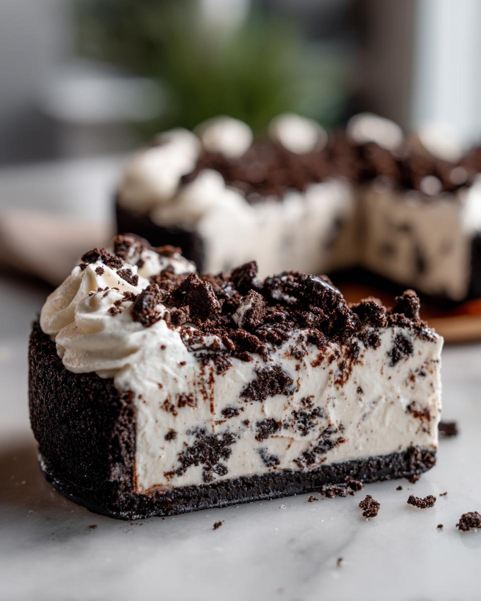 A close-up slice of a no-bake ice cream pie featuring a dark cookie crust, creamy filling with cookie chunks, and whipped topping.