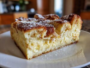 A thick, creamy slice of overnight french toast casserole dusted with powdered sugar on a white plate.