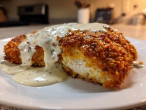 A thick slice of golden, crispy parmesan crusted chicken topped with a creamy, speckled white sauce.