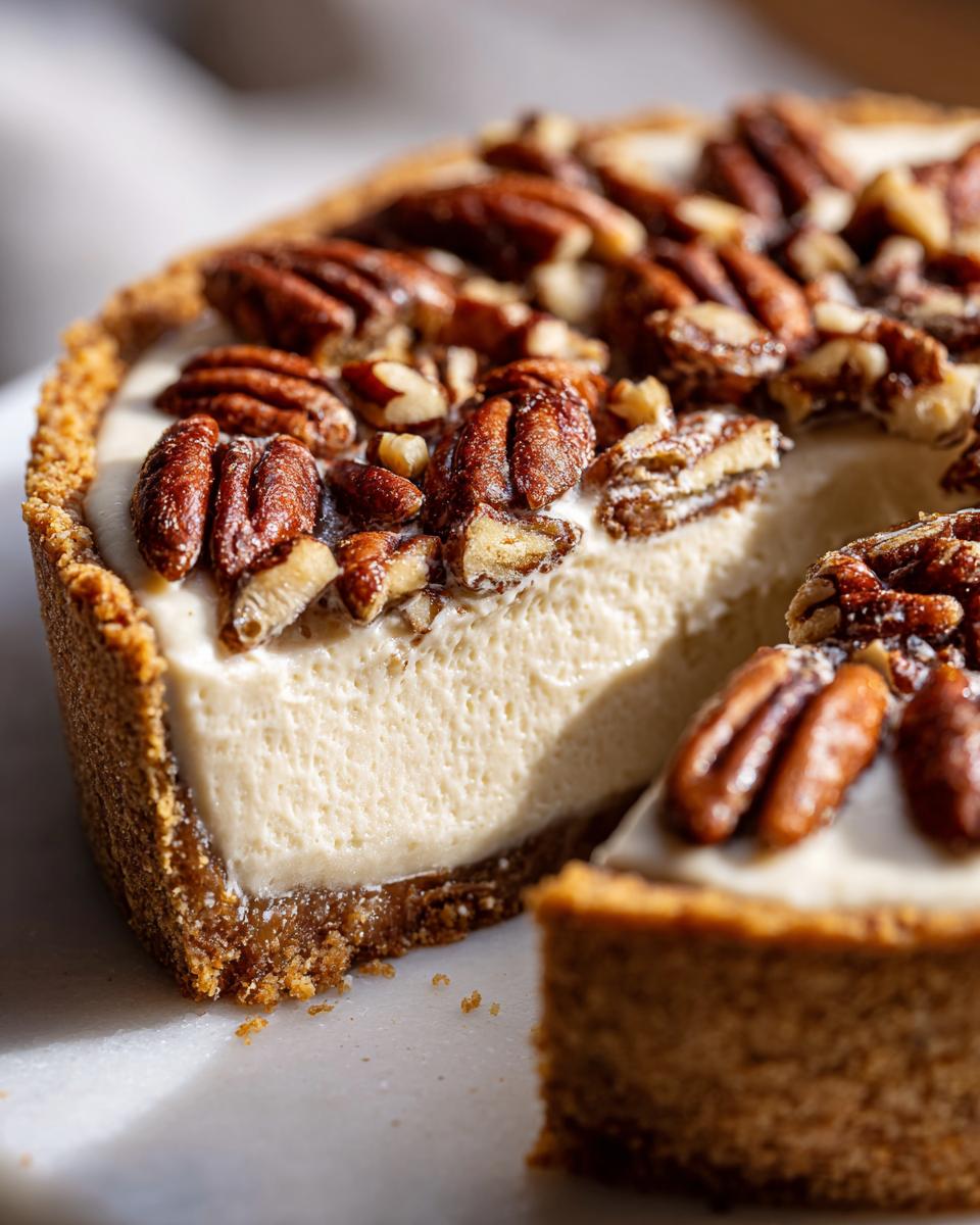 Close-up of a slice of rich pecan cream pie showing the creamy filling and graham cracker crust topped with whole pecans.