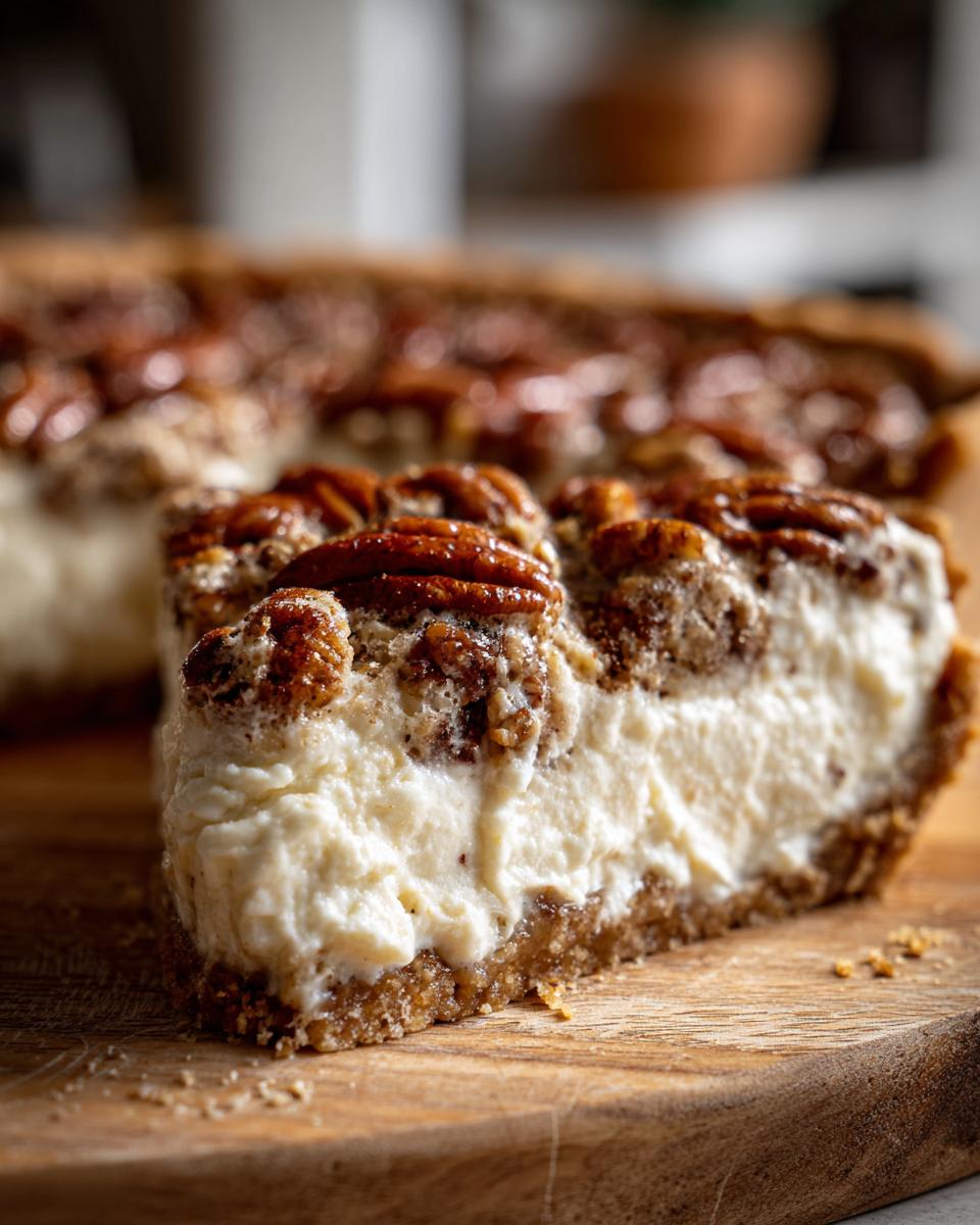 Close-up of a thick slice of pecan cream pie showing the creamy white filling and pecan topping on a wooden board.