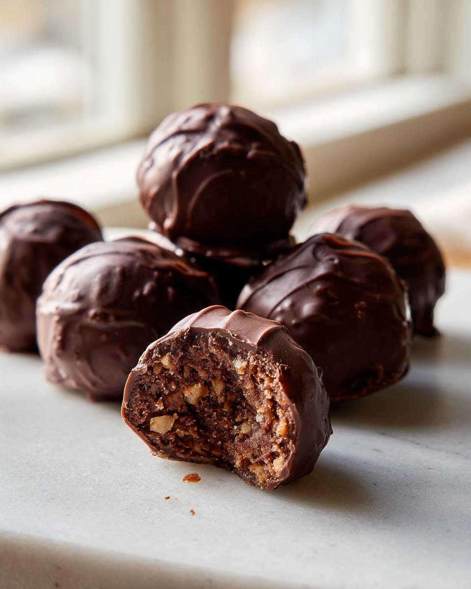 Close-up of chocolate-covered pecan pie balls, one bitten to show the nutty interior.