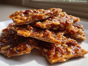 A stack of glossy, broken pieces of homemade Pecan Pie Bark glistening under natural light.
