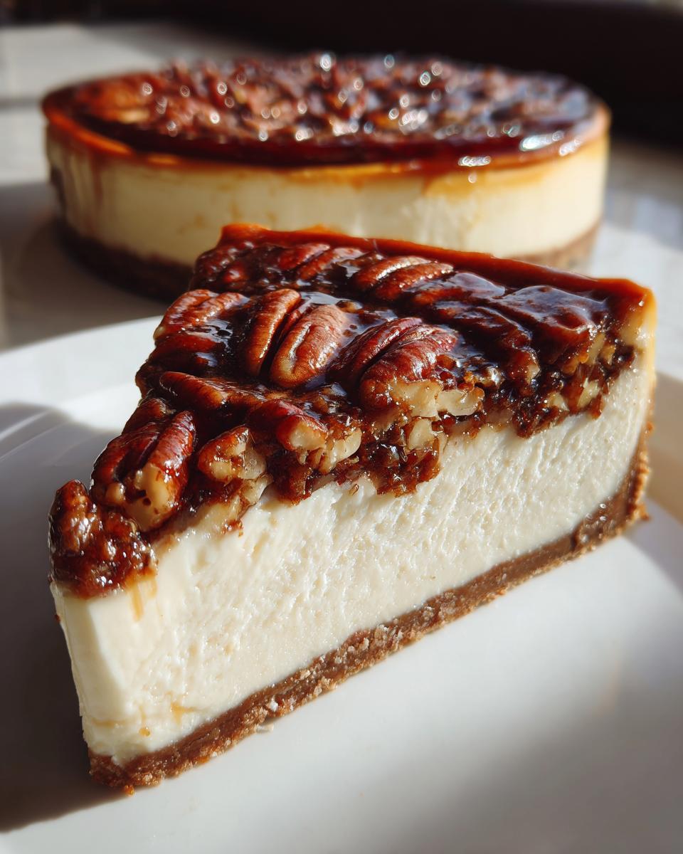 A close-up slice of pecan pie cheesecake showing a thick cream cheese layer, graham cracker crust, and glossy pecan topping.