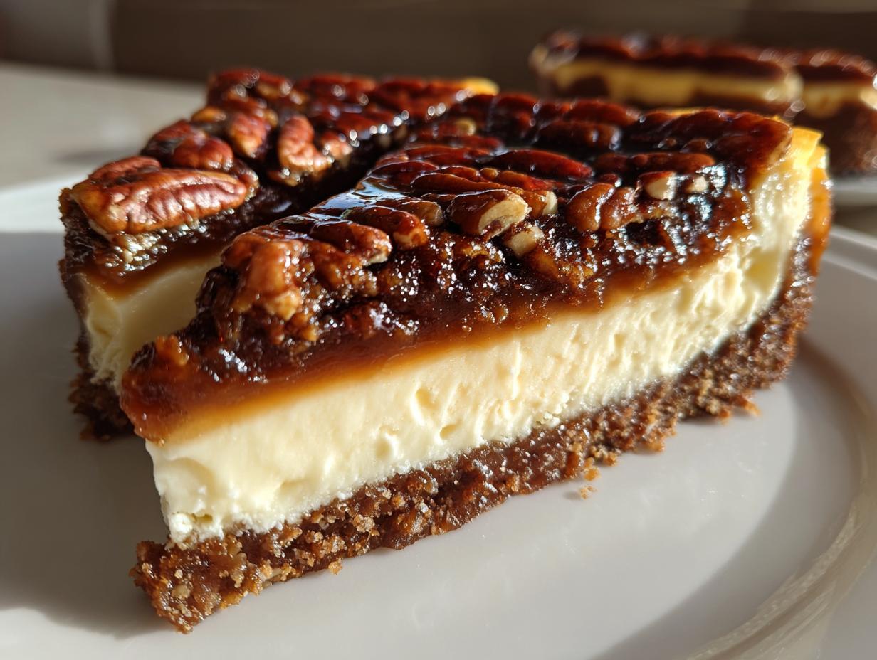 Close-up of a rich slice of pecan pie cheesecake showing the creamy filling, dark crust, and glossy pecan topping.