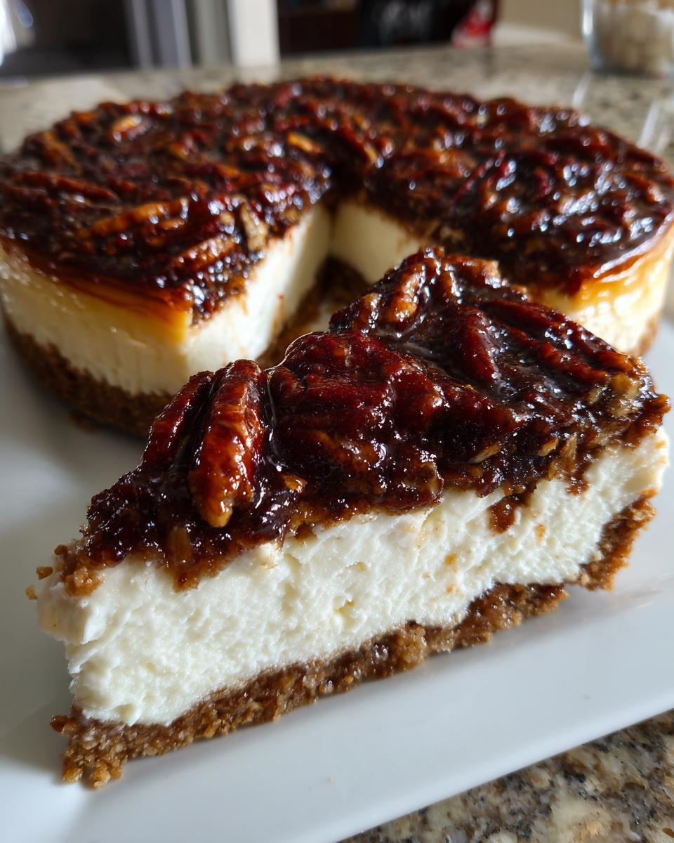 A close-up slice of pecan pie cheesecake showing the graham cracker crust, creamy filling, and glossy pecan topping.