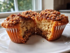 A pecan pie muffin cut in half showing the moist interior and crunchy pecan streusel topping.