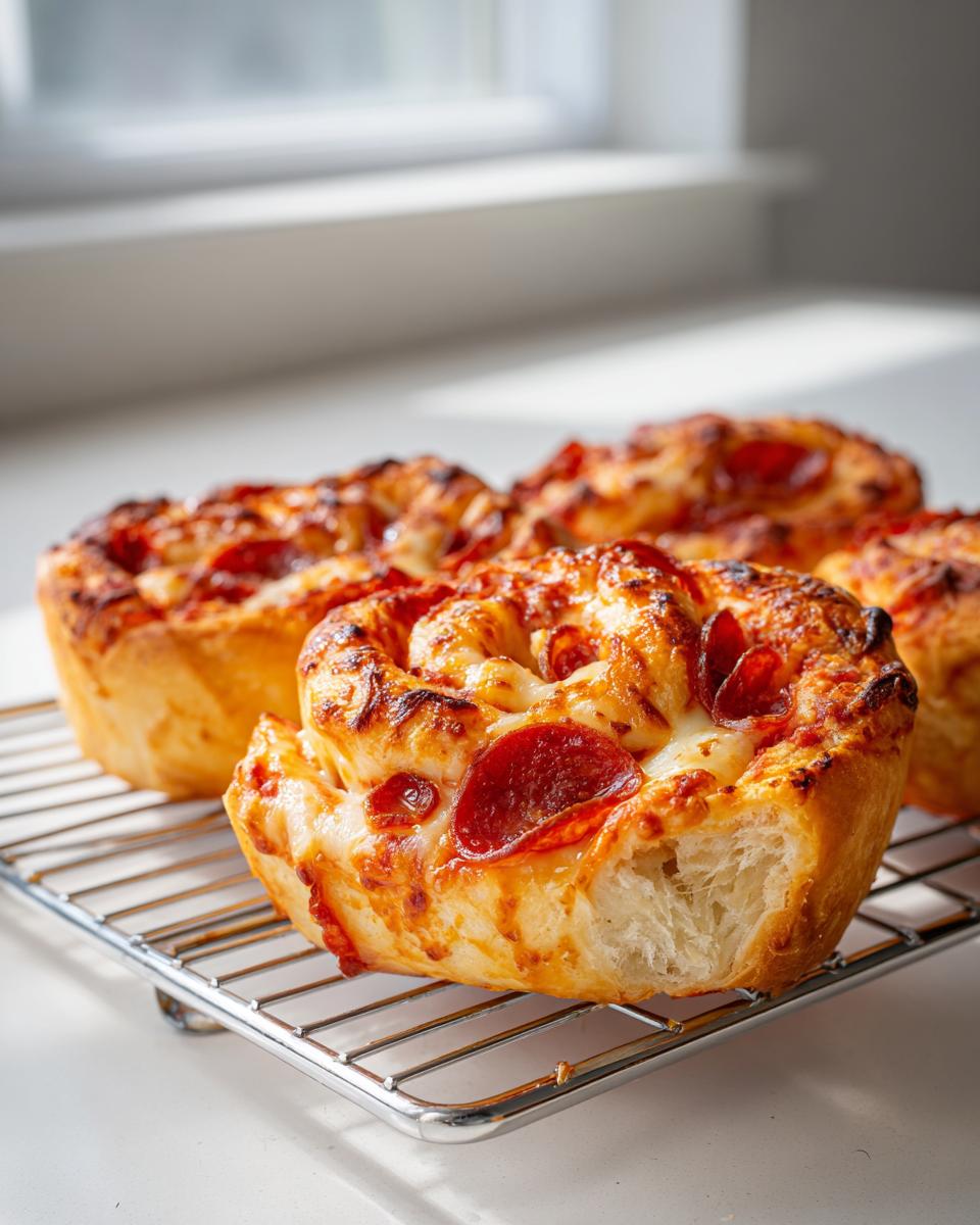 Close-up of golden-brown pepperoni pizza pinwheels cooling on a wire rack, showing melted cheese and soft dough.