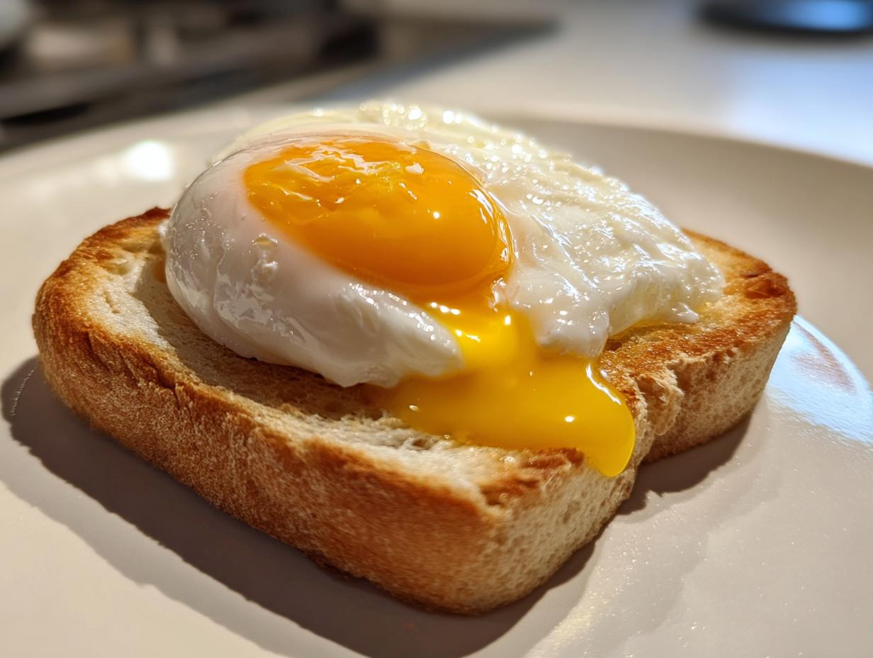 Close-up of a perfectly poached eggs with a bright, runny yolk dripping onto a slice of toasted bread.