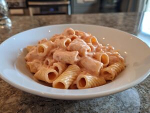 Close-up of rigatoni pasta coated in a rich, creamy pink sauce pasta, served in a white bowl.