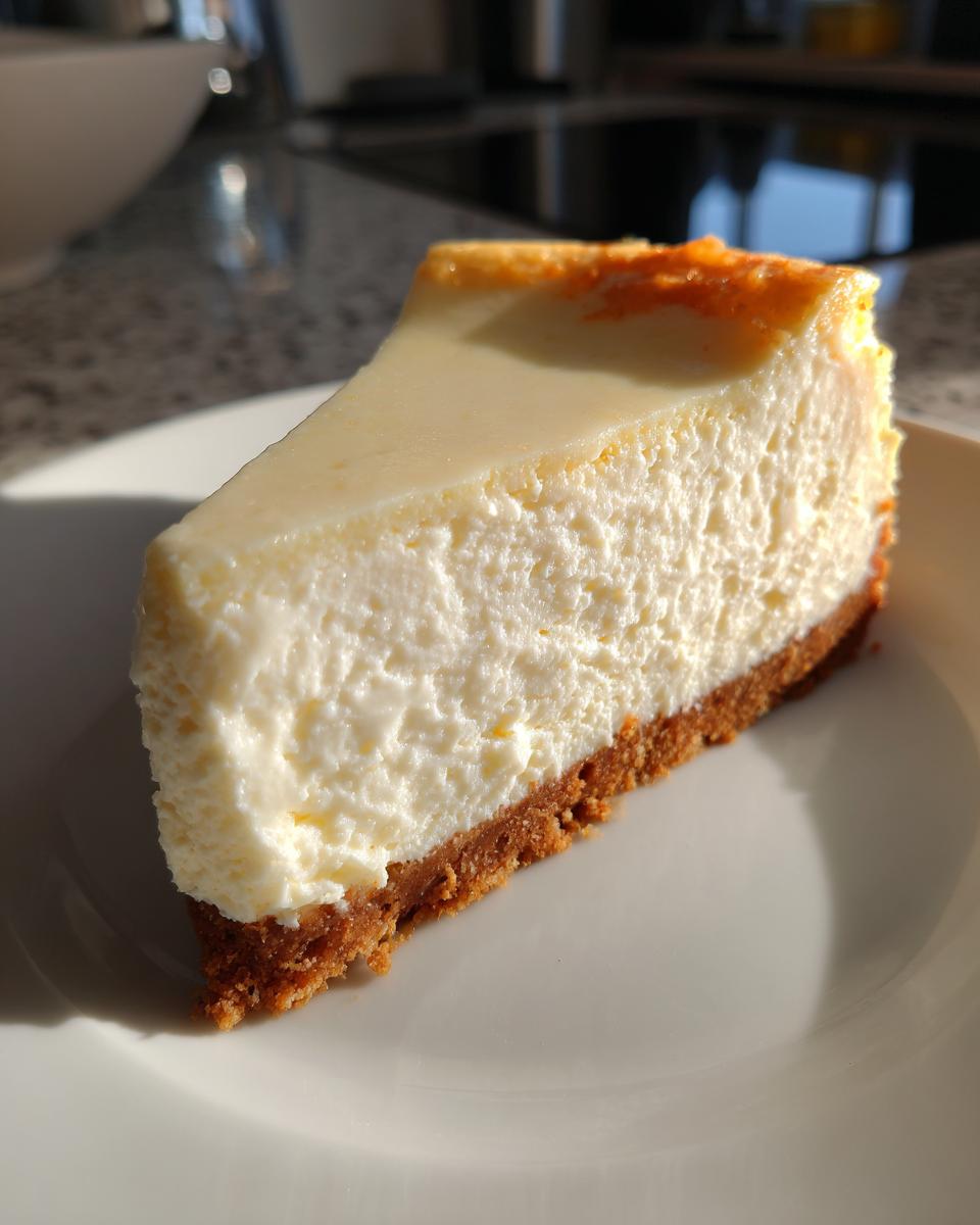 A close-up shot of a thick slice of creamy Protein Cheesecake with a graham cracker crust on a white plate.