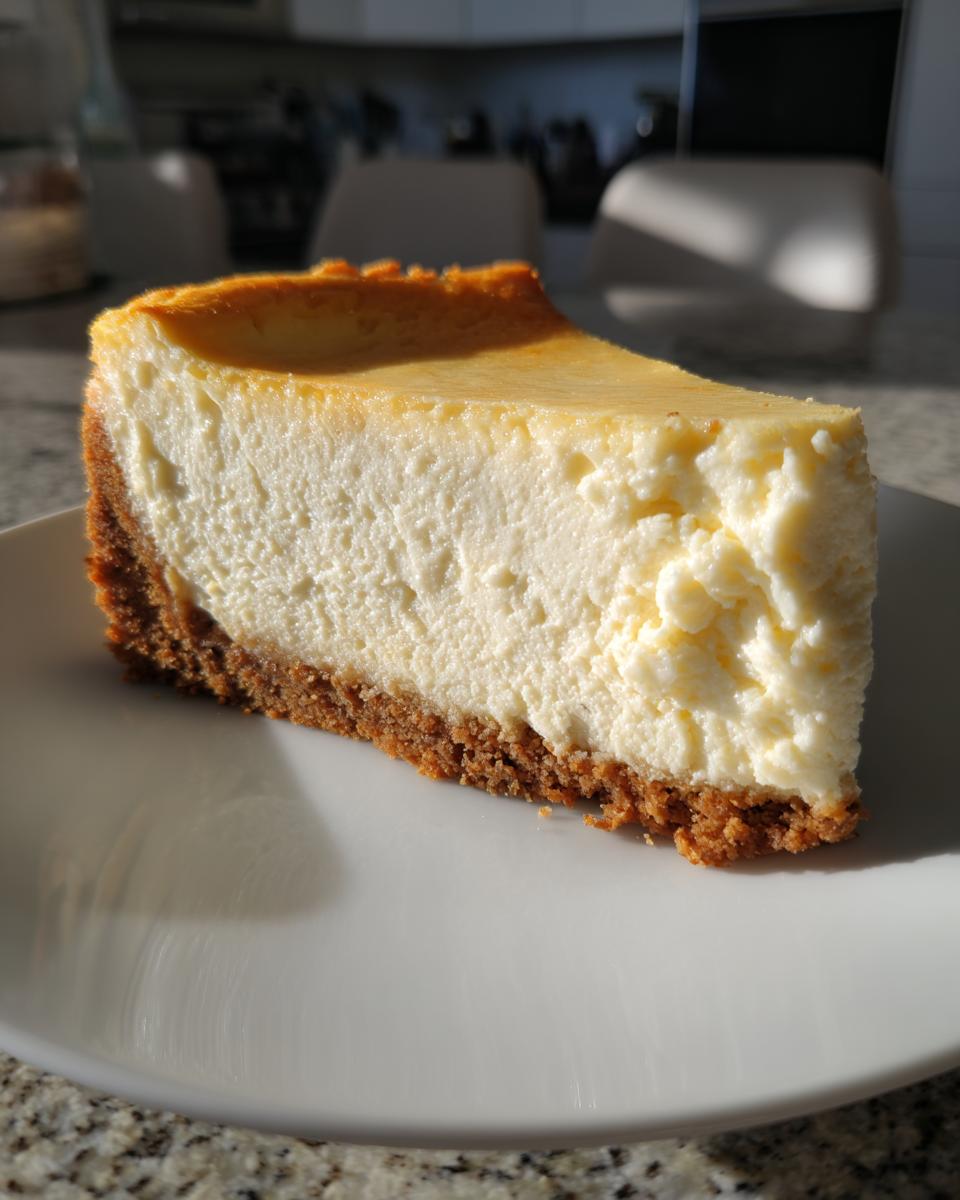 A thick slice of creamy Protein Cheesecake with a golden top and graham cracker crust on a white plate.