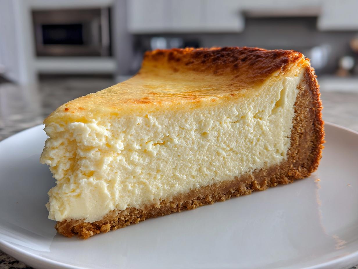 A thick, creamy slice of Protein Cheesecake with a graham cracker crust and a beautifully browned top, served on a white plate.