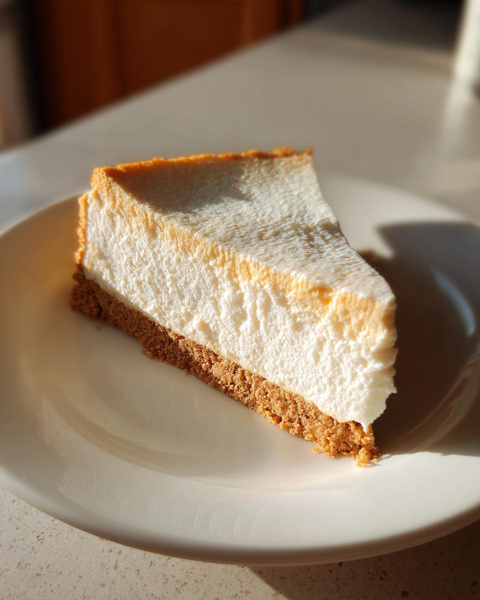 A single slice of fluffy, baked Protein Cheesecake with a thick graham cracker crust on a white plate.