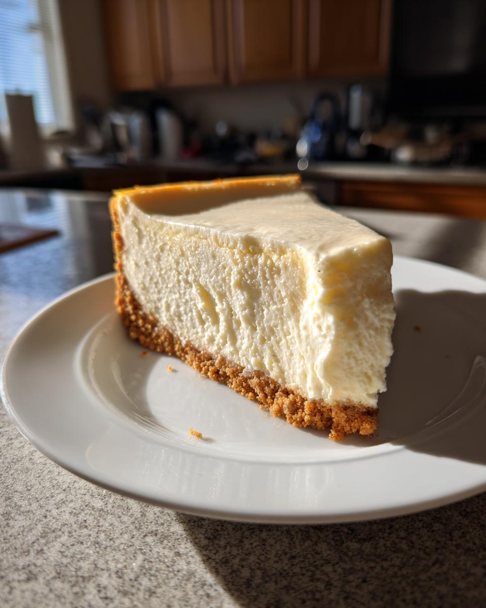 A thick slice of creamy Protein Cheesecake with a graham cracker crust resting on a white plate.