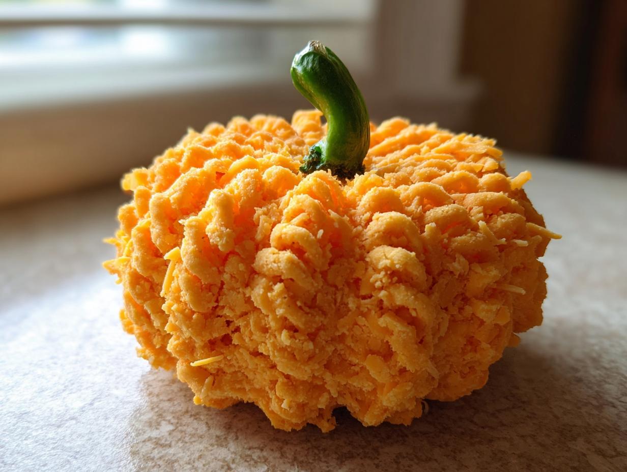 A vibrant orange, textured pumpkin cheese ball topped with a small green stem, ready for serving.