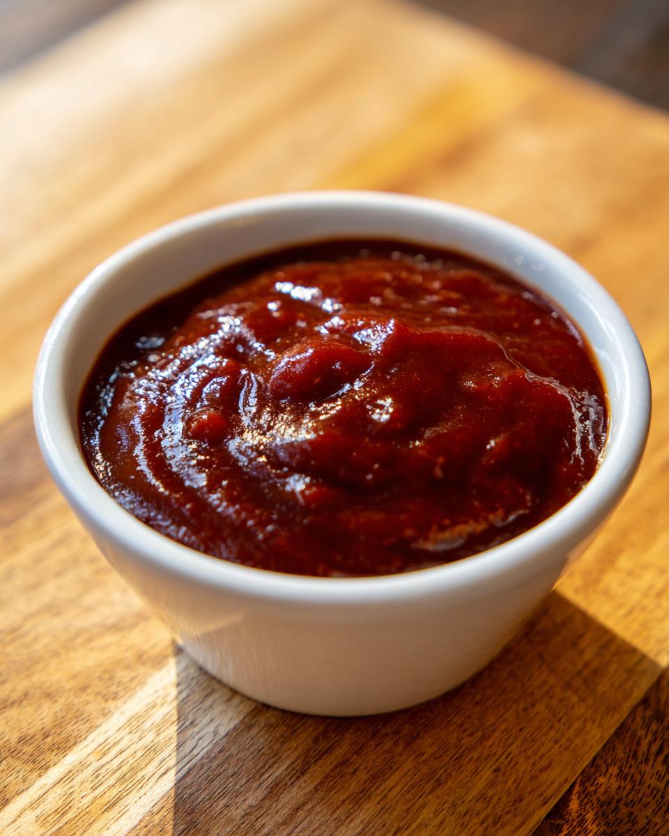 Close-up of thick, glossy, dark red homemade bbq sauce served in a small white bowl on a wooden surface.