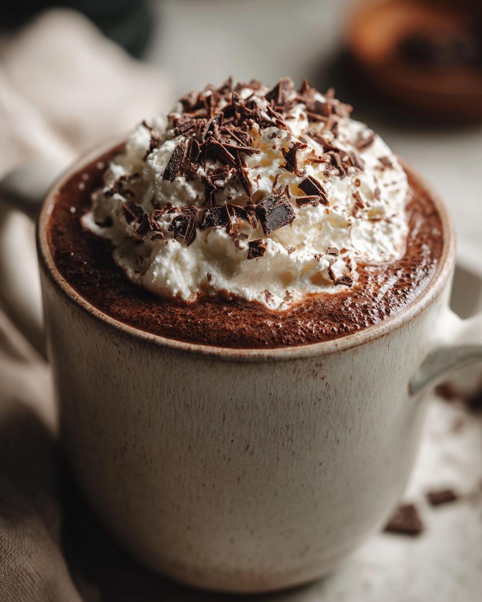 Close-up of a mug filled with rich boozy hot chocolate, topped high with whipped cream and dark chocolate shavings.