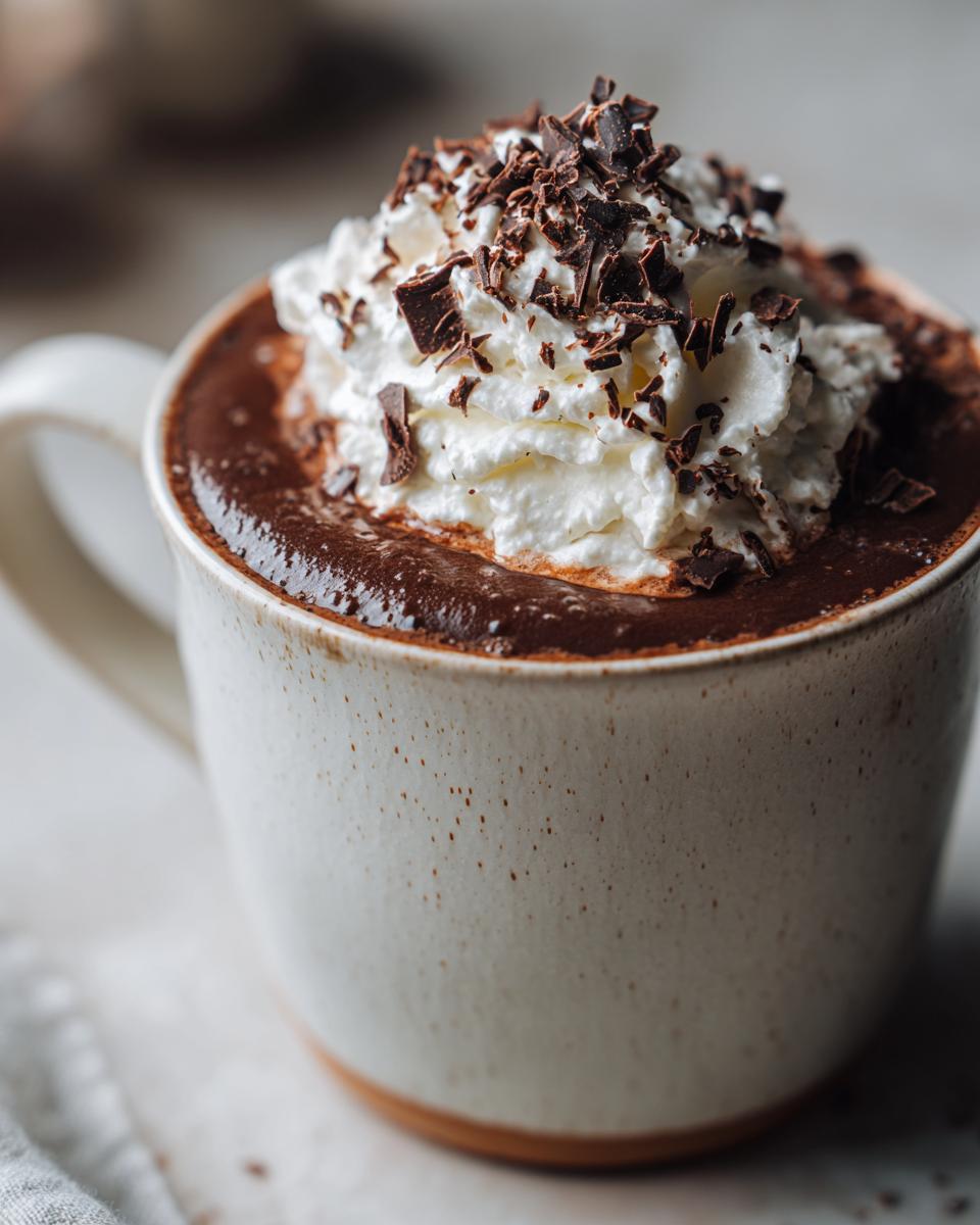 Close-up of a rich, dark boozy hot chocolate topped with a generous swirl of whipped cream and chocolate shavings.