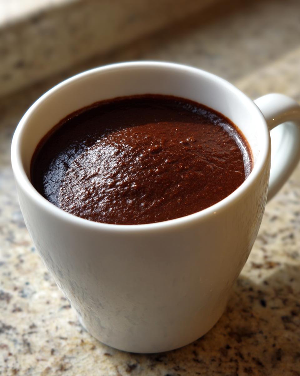 A close-up of thick, rich chocolate pudding served in a white mug on a granite countertop.