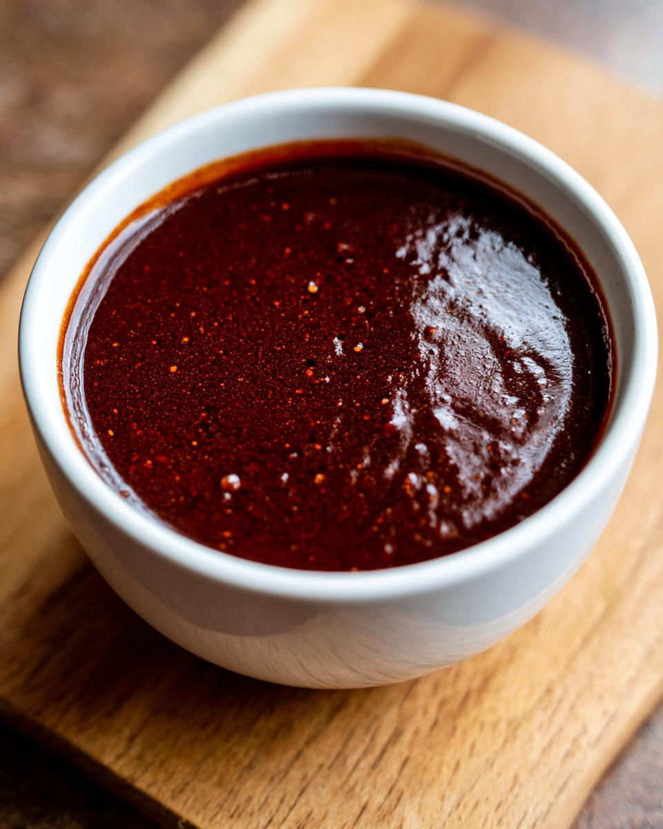 Close-up of thick, dark red homemade bbq sauce speckled with spices in a small white bowl.