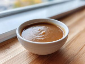 A close-up of rich, brown turkey gravy served in a small white bowl on a wooden surface.