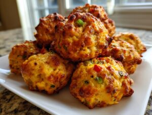A pile of golden brown rotel cream cheese sausage balls with visible specks of red and green peppers on a white rectangular plate.