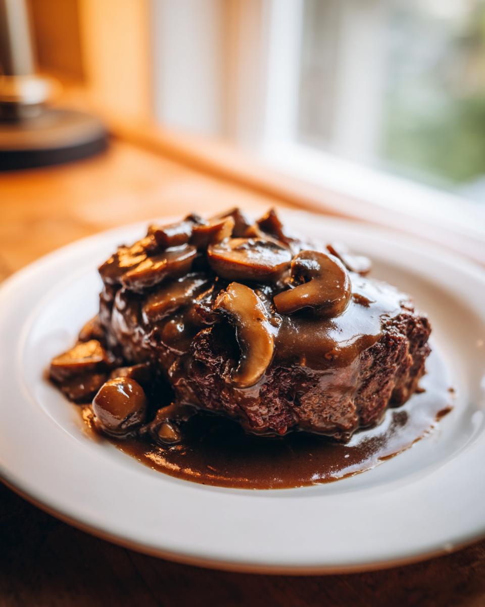 A juicy Salisbury steak smothered in rich brown mushroom gravy, served on a white plate.