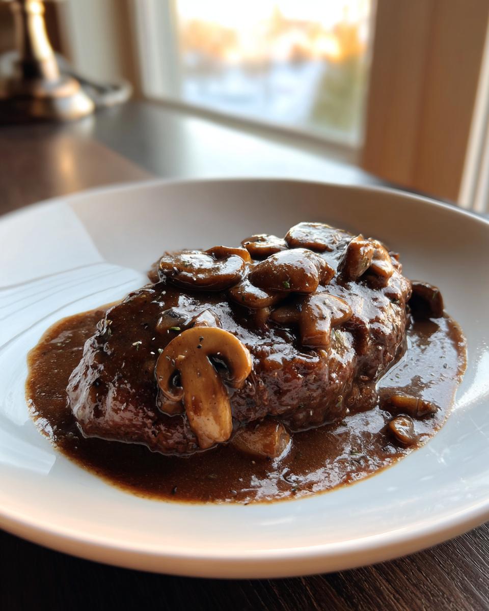 Close-up of a juicy salisbury steak smothered in rich brown mushroom gravy.