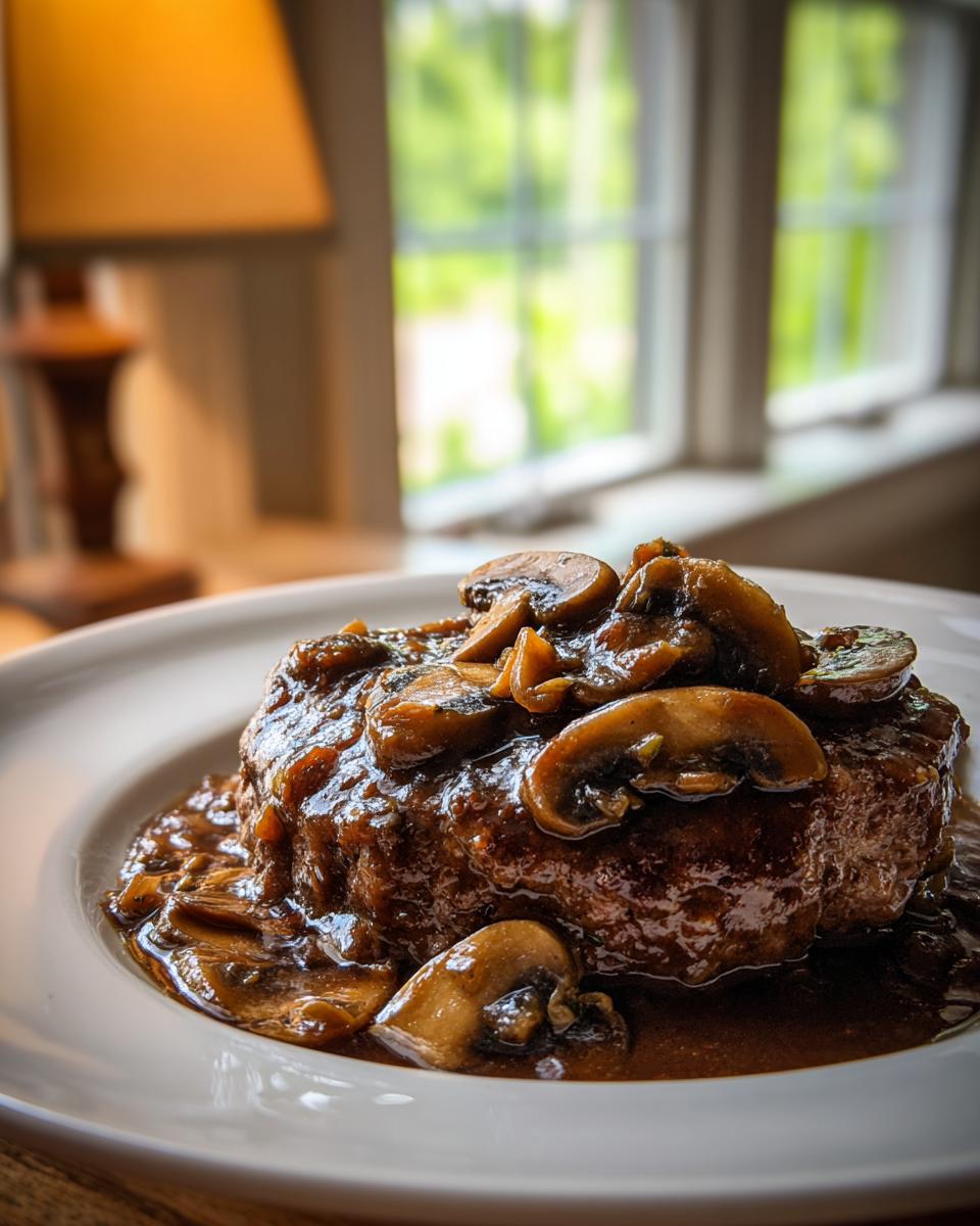 A close-up of a juicy Salisbury steak smothered in rich brown mushroom gravy, served on a white plate.