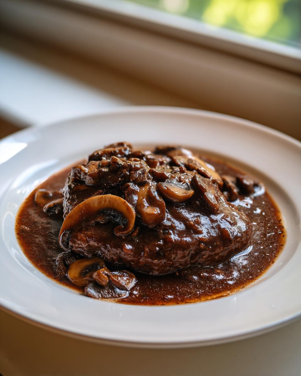 A juicy Salisbury steak smothered in dark mushroom gravy served on a white plate.