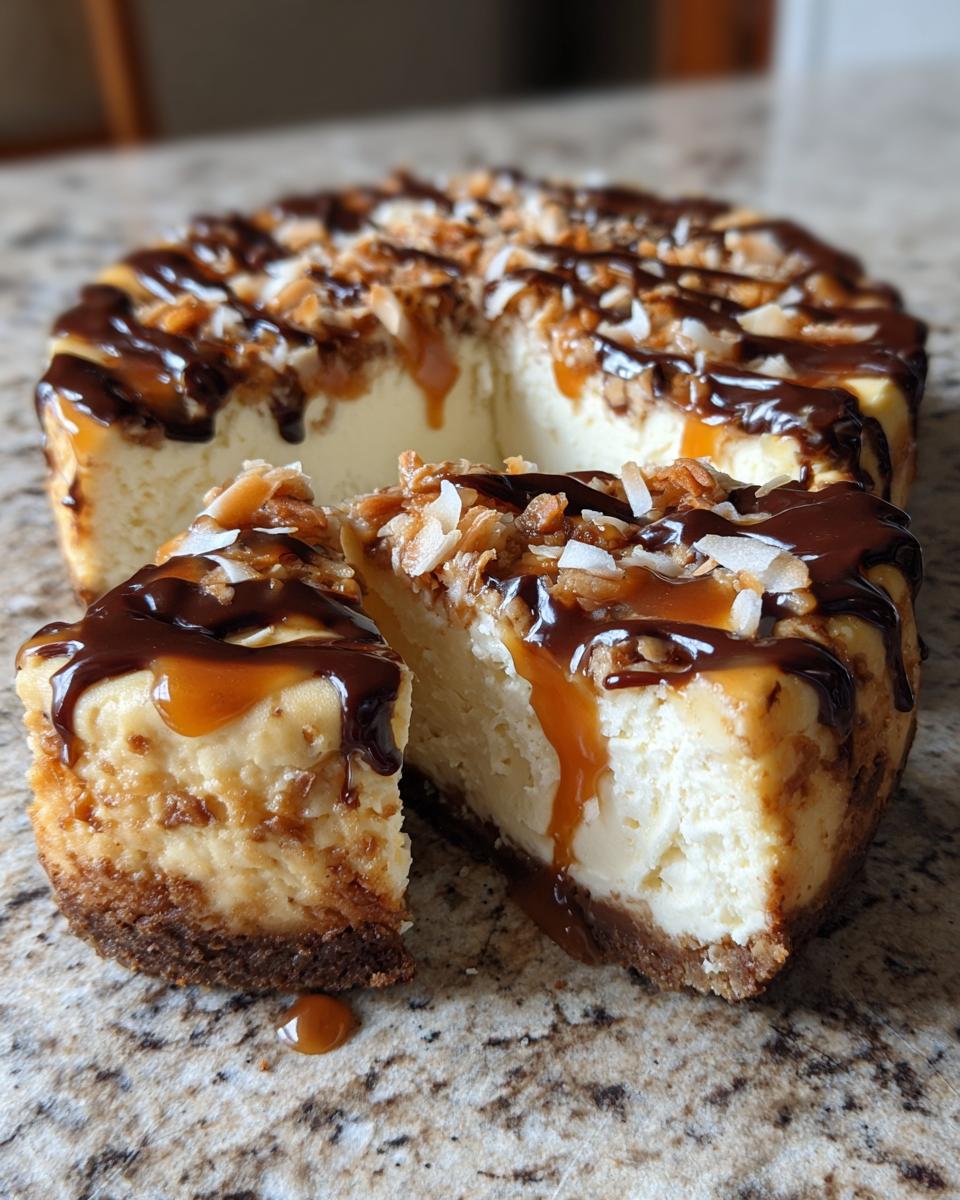 A slice cut from a rich Samoa Cheesecake topped with caramel, chocolate drizzle, and toasted coconut.
