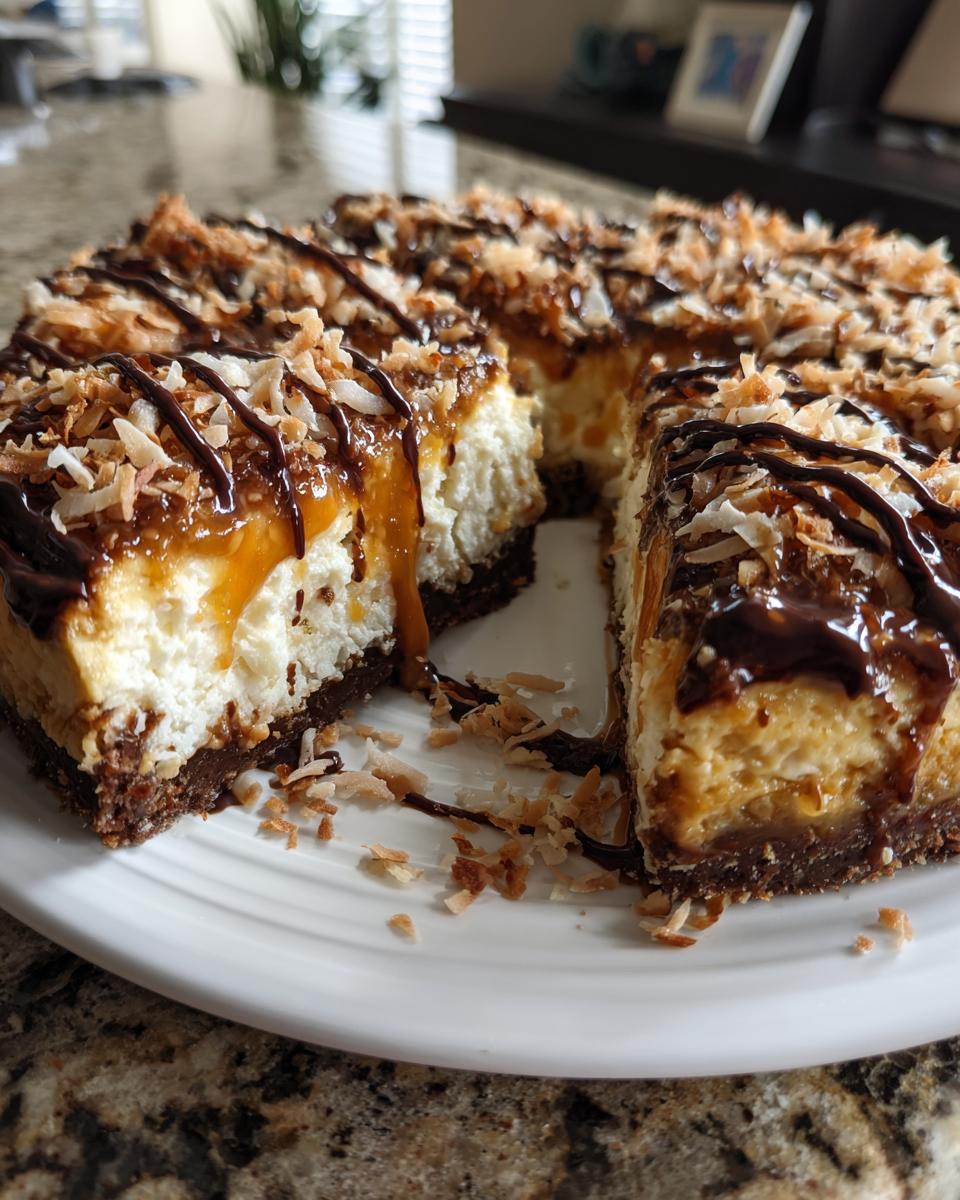A slice of rich Samoa Cheesecake topped with caramel drizzle, chocolate, and toasted coconut flakes.