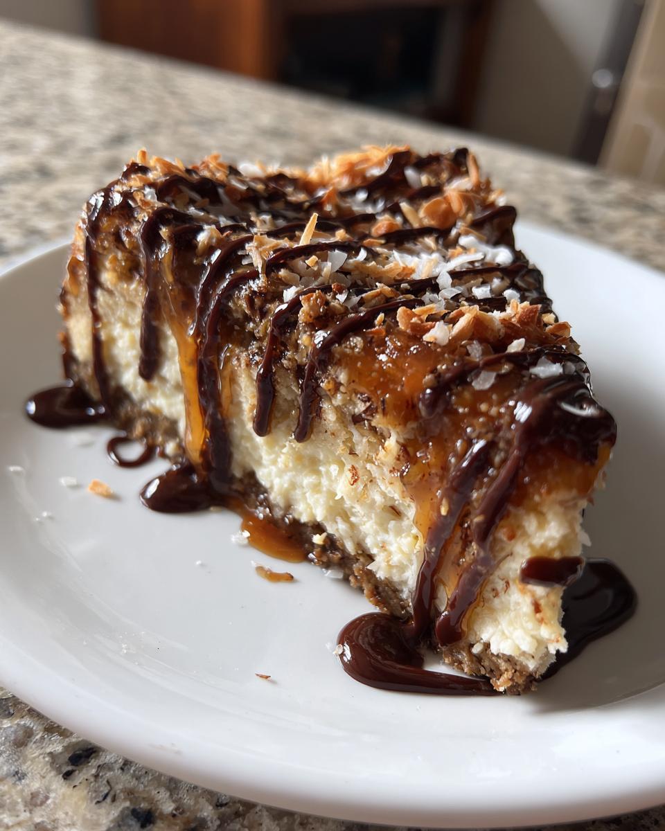A rich slice of Samoa Cheesecake featuring a creamy filling, toasted coconut, caramel, and chocolate drizzle.