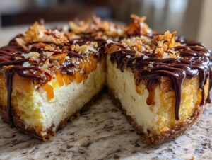 A rich slice of Samoa Cheesecake showing creamy filling, caramel, chocolate drizzle, and toasted coconut topping.