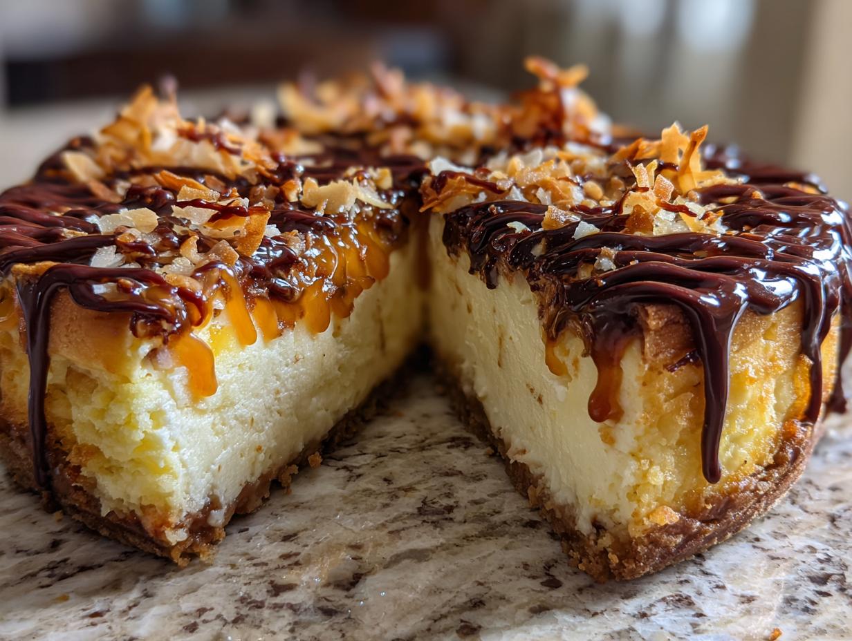 A rich slice of Samoa Cheesecake showing creamy filling, caramel, chocolate drizzle, and toasted coconut topping.
