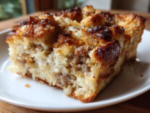 Close-up of a square slice of baked sausage stuffing recipe showing a crispy, browned top and moist interior.