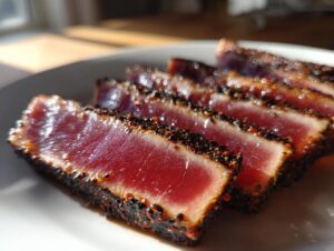 Close-up of four slices of perfectly seared, rare tuna steak coated in black pepper.