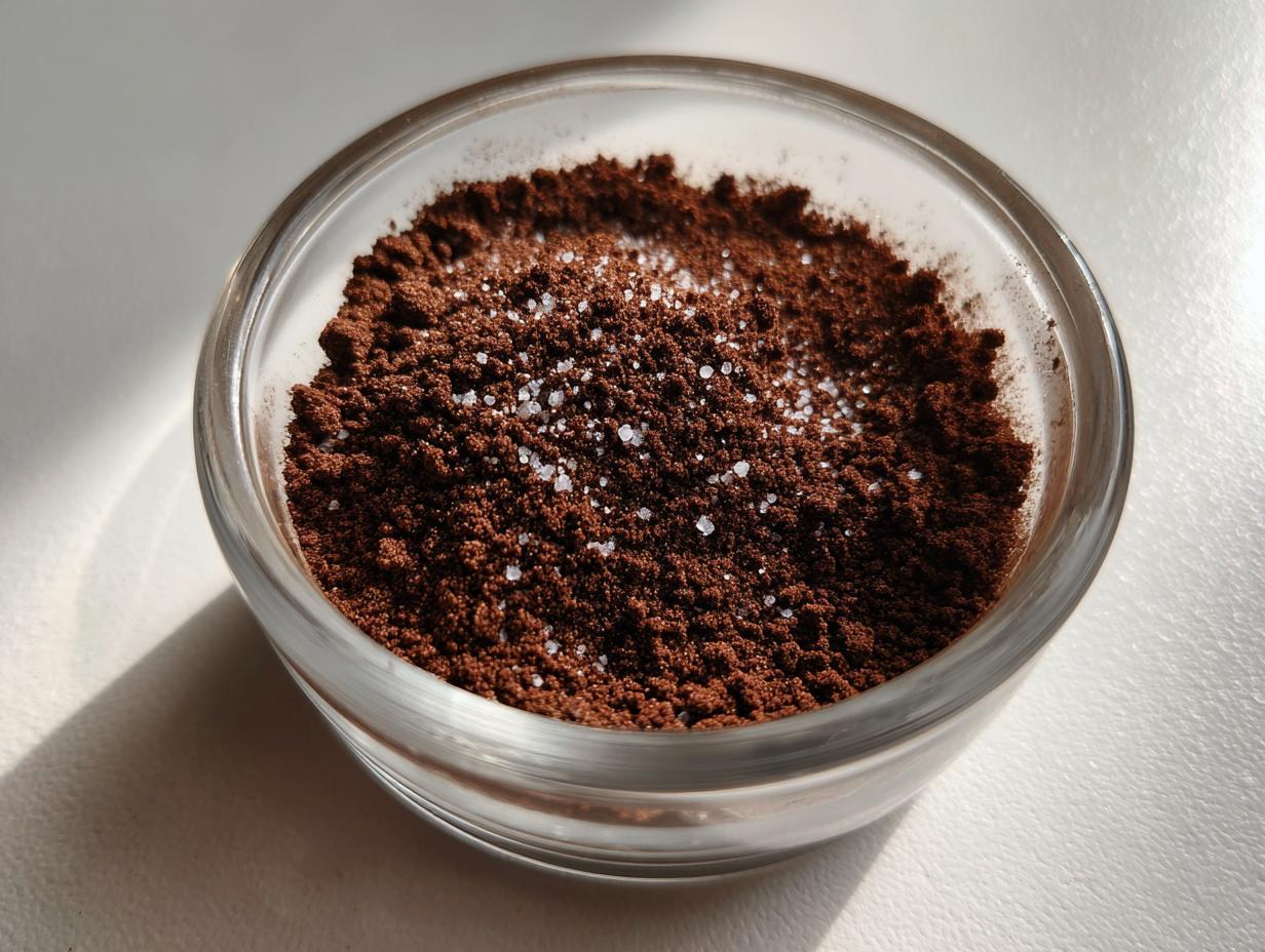 Close-up of dark brown powder, representing hot cocoa mix, sprinkled with coarse white salt crystals.