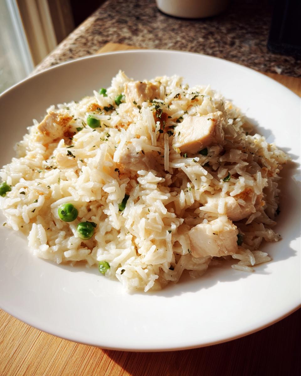 A white plate filled with fluffy one pot chicken and rice mixed with bright green peas and herbs.