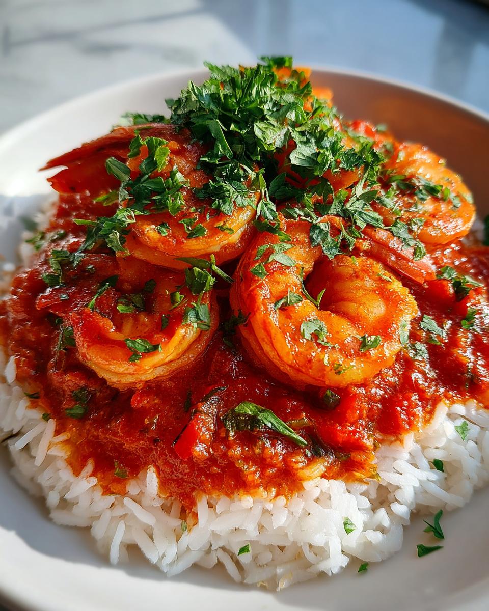Close-up of vibrant Shrimp Creole sauce with large shrimp served over a bed of fluffy white rice, topped with fresh parsley.