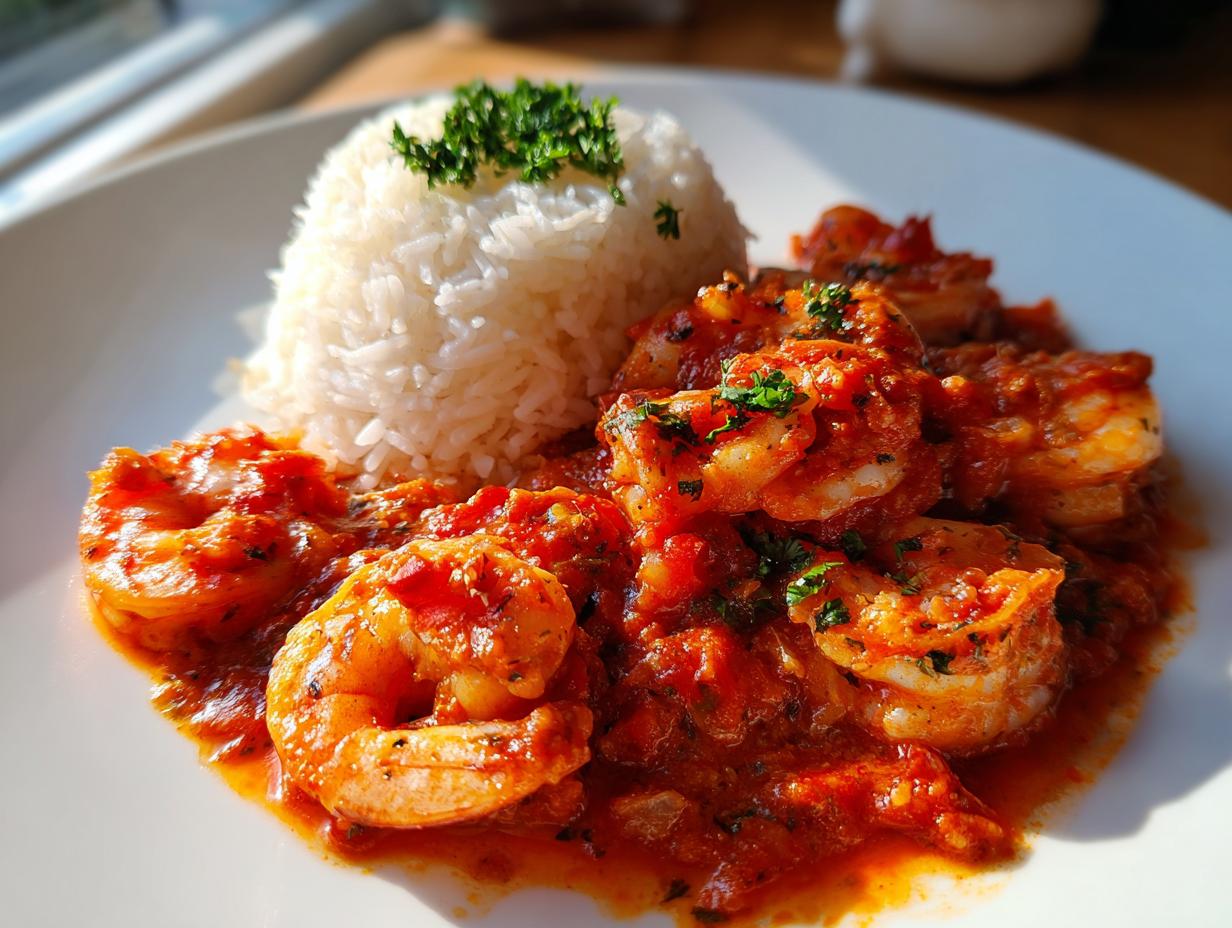 A close-up of vibrant Shrimp Creole served with a mound of fluffy white rice, garnished with parsley.