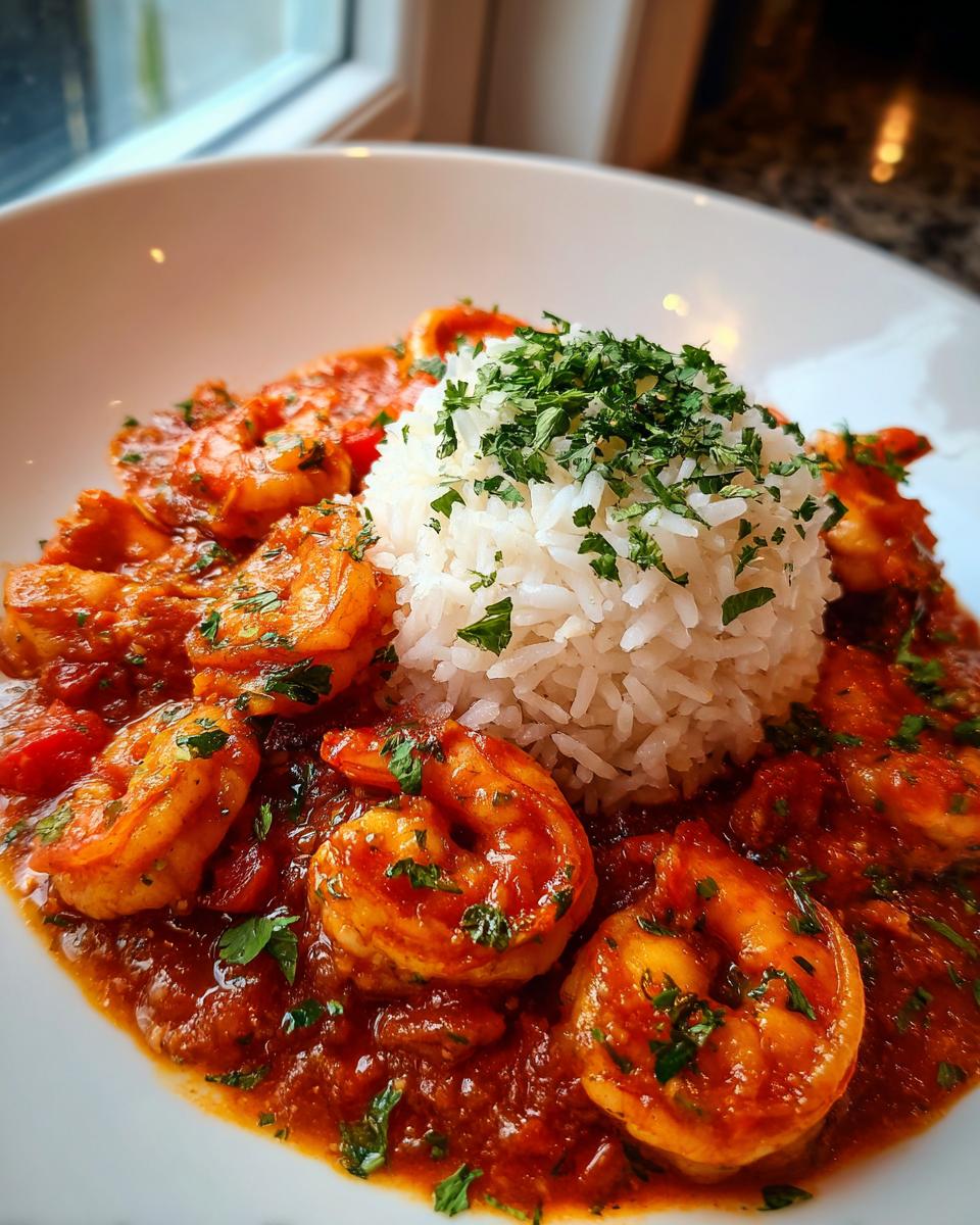 A close-up of vibrant Shrimp Creole served with a mound of white rice, garnished generously with fresh parsley.