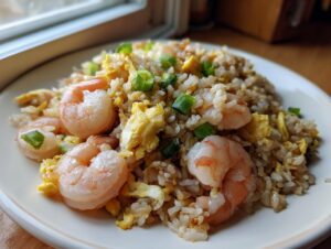 Close-up of a serving of shrimp fried rice recipe featuring plump shrimp, scrambled egg, and green onions.