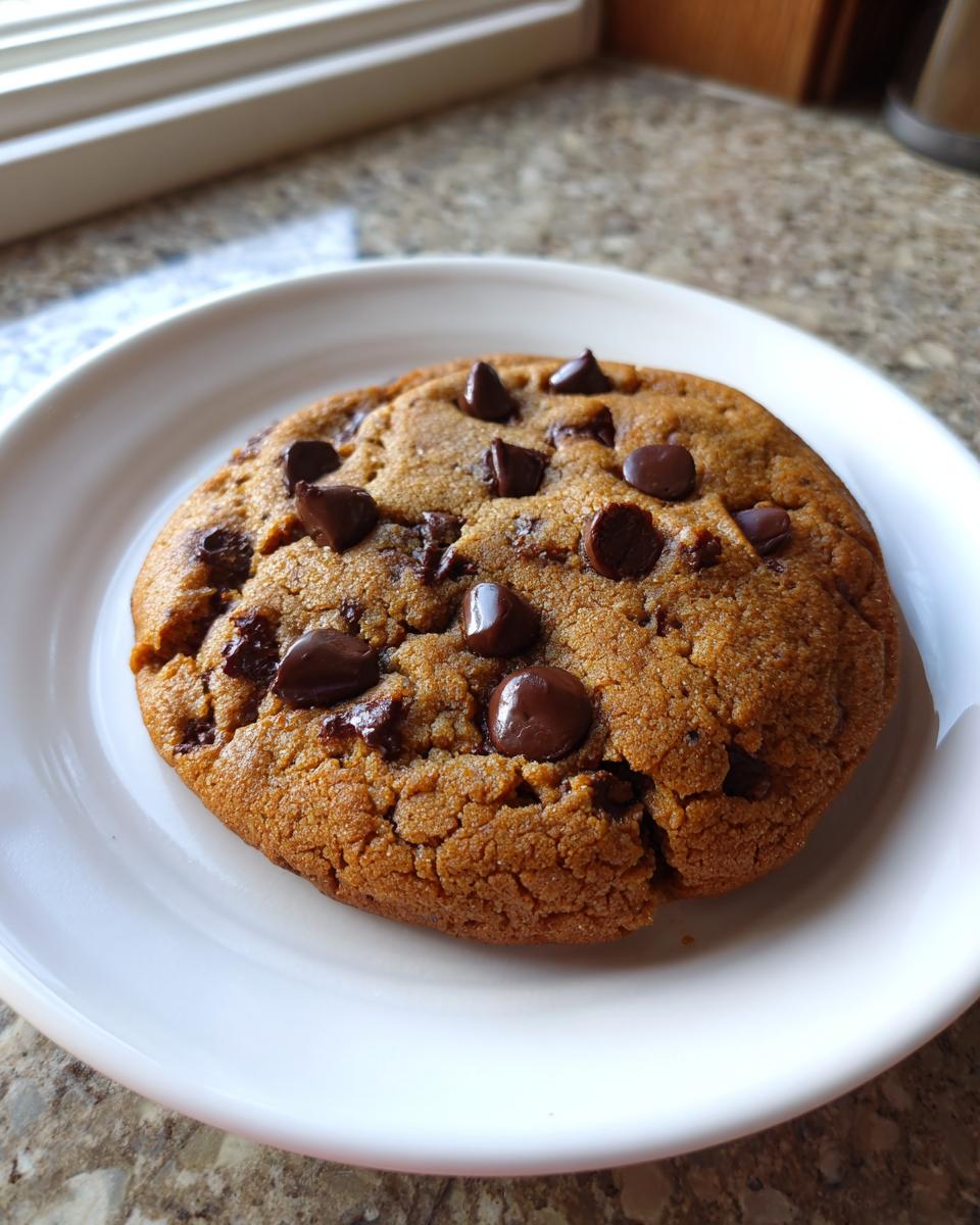 A single, perfectly baked vegan chocolate chip cookie resting on a white plate near a window.