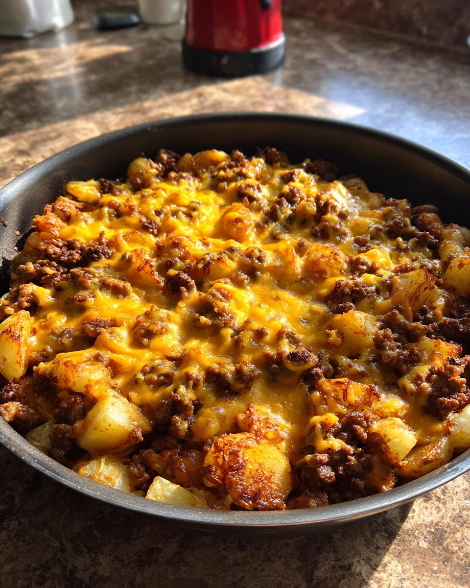 Close-up of Cheesy Taco Potatoes in a skillet, featuring seasoned ground beef and melted cheddar cheese over roasted potatoes.