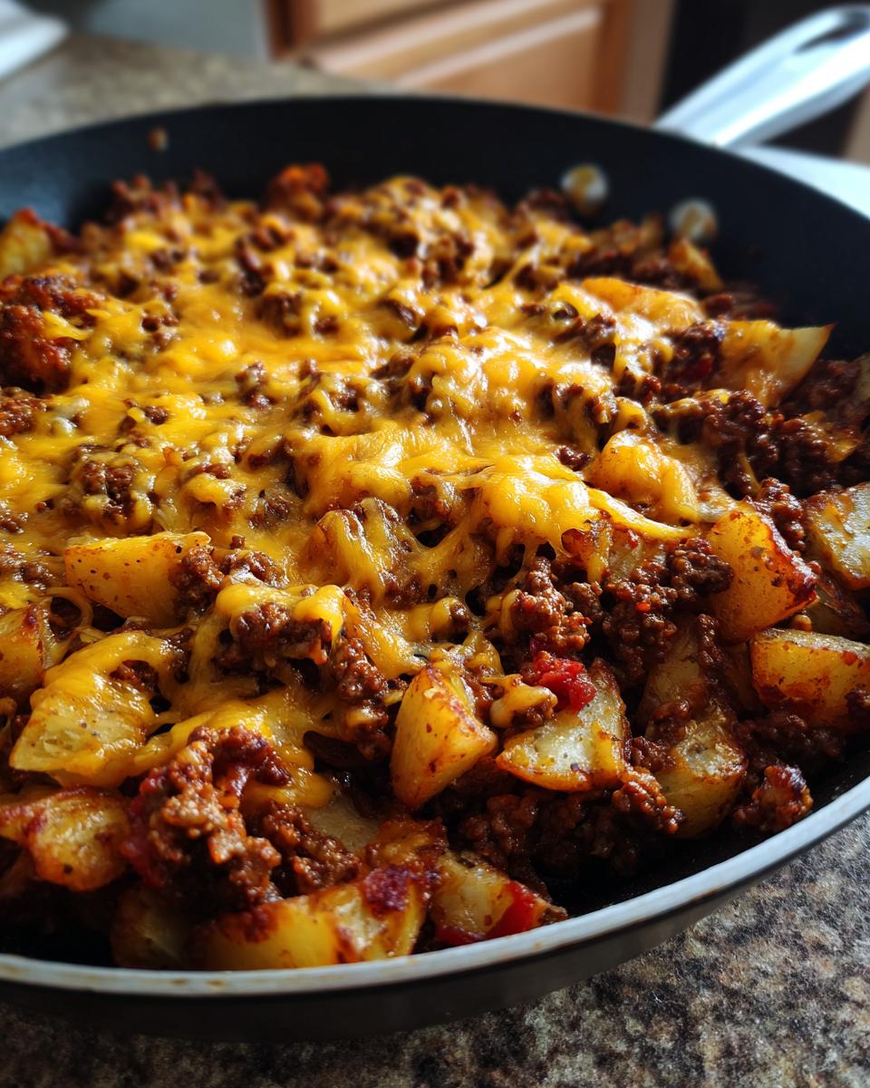 Close-up of Cheesy Taco Potatoes cooked in a black skillet, topped with melted cheddar cheese and seasoned ground beef.