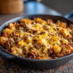 Close-up of Cheesy Taco Potatoes baked in a cast iron skillet, topped with melted cheddar cheese and seasoned ground beef.