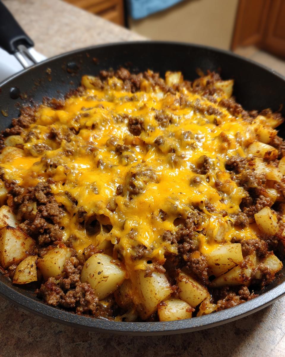 Close-up of Cheesy Taco Potatoes with seasoned ground beef and melted cheddar cheese in a black skillet.