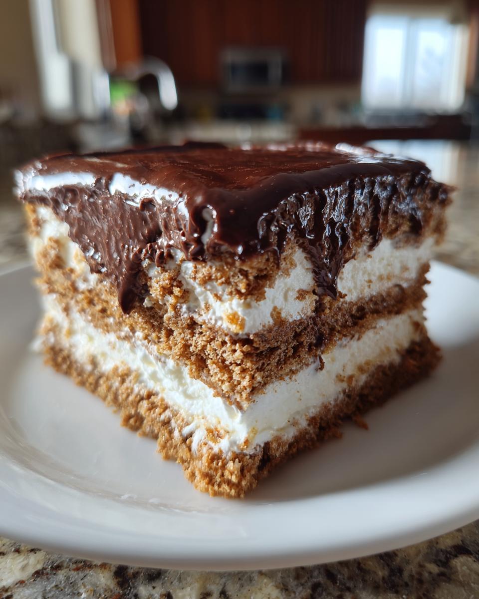 A decadent slice of chocolate eclair cake showing layers of graham cracker crust, creamy filling, and thick chocolate glaze.